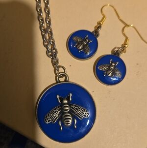 Beautiful Cobalt Bee Iconic Logo Necklace & Earring Set